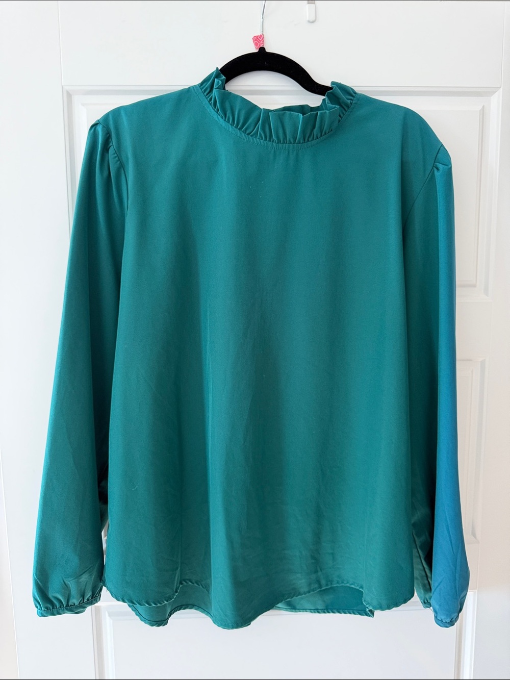 Long-Sleeve Ruffled Neck Blouse in Teal